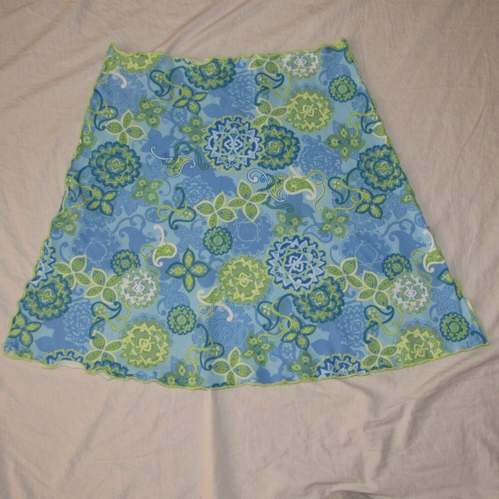Haystacks Blue Green Medallion Floral Stretch Pull On A-Line Skirt sz L Michigan